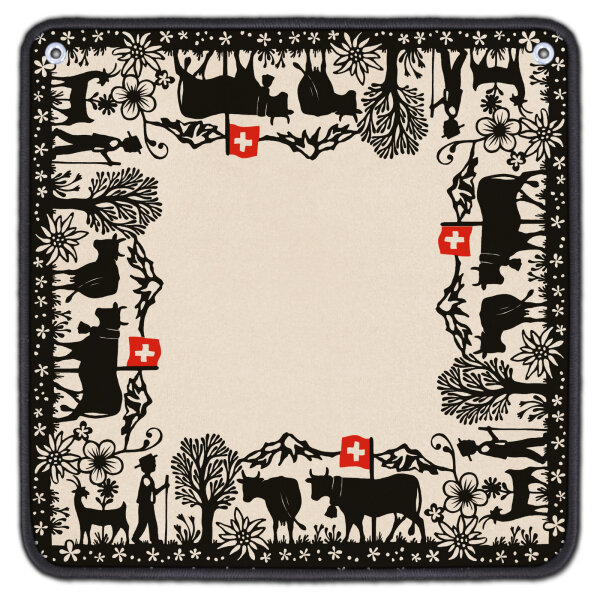 Jassteppich mit Schweizer Scherenschnitt von Jolanda Brändle 65x65 cm