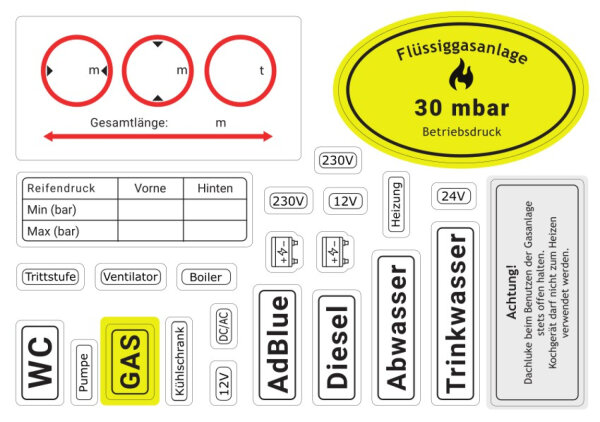 Wohnmobil Aufkleber Set für Camper wichtige Kennzeichnungen wetterfest