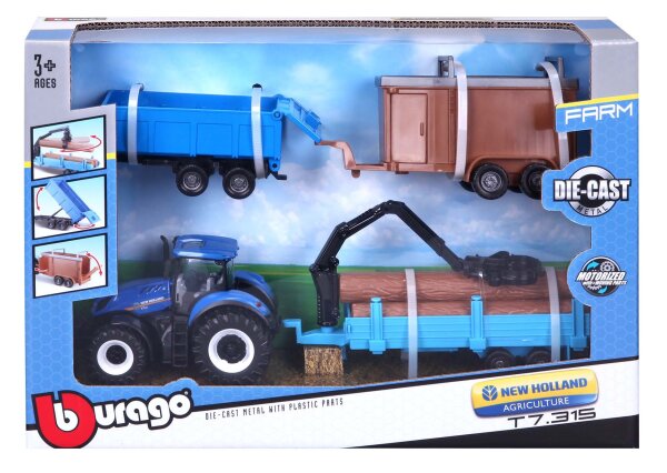 Bburago Traktor-Set New Holland mit 3 Anhängern für Kinder
