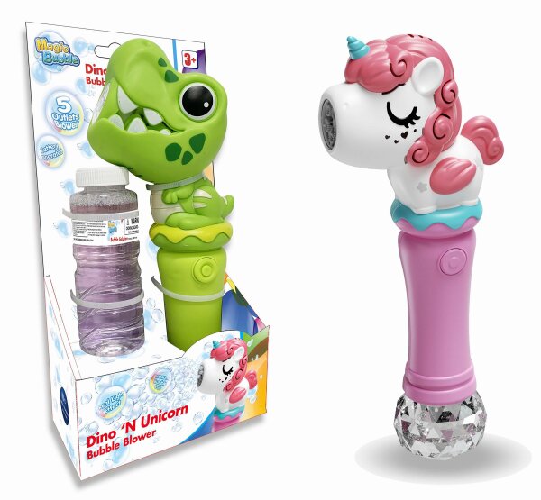 Coole Einhorn und Dinosaurier Blower mit 120 ml Seifenblasenflüssigkeit