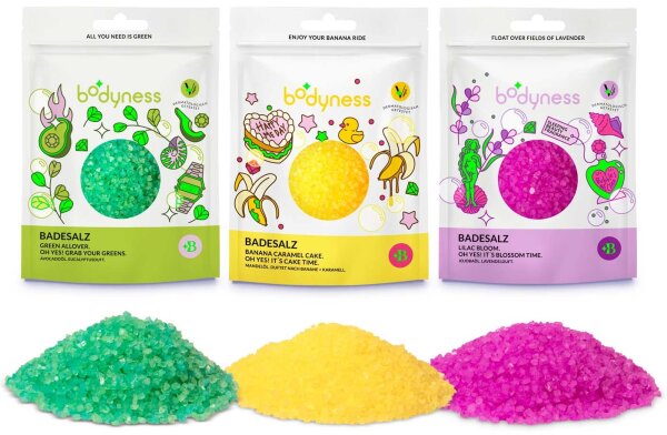 Bodyness Badesalz für entspannende Badeerlebnisse in drei Farben