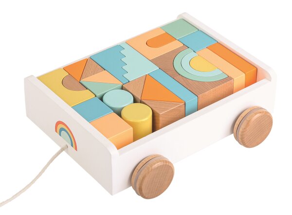 Schöner Nachziehwagen mit 27 hochwertigen Bauklötzen aus Holz