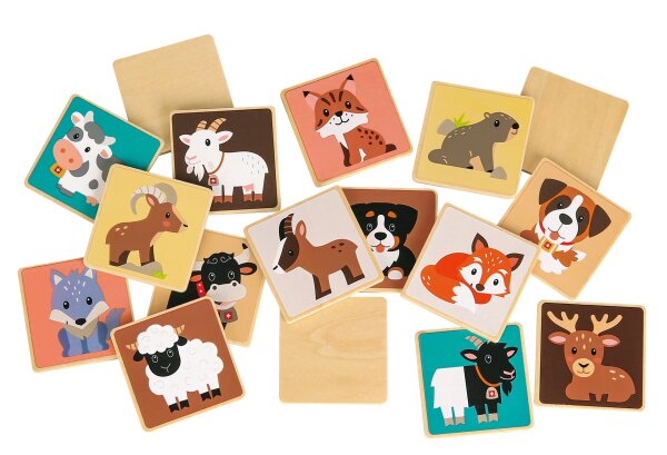 Schweizer Memory Spiel 28 Teile mit Holzkarten - Entdecke die Tierwelt!