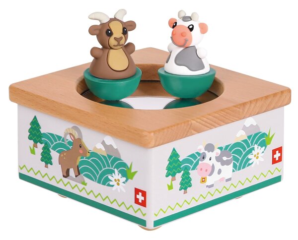 Musikdose Steinbock & Kuh aus Holz mit herzigen Figuren und beruhigender Melodie