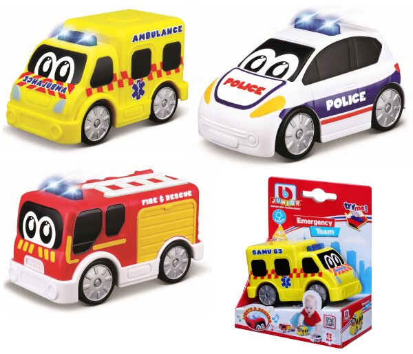 Kleine Rettungsfahrzeuge mit Freilauf, Blaulicht und Sirene für BB Junior