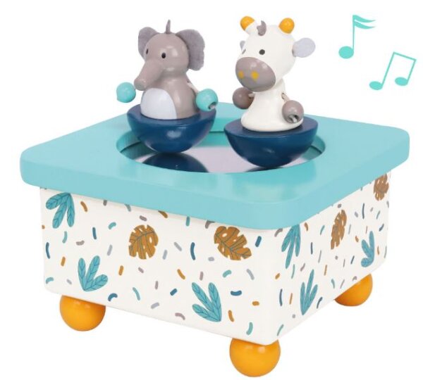 Musikdose Elefant & Giraffe aus Holz mit tanzenden Figuren und beruhigender Melodie