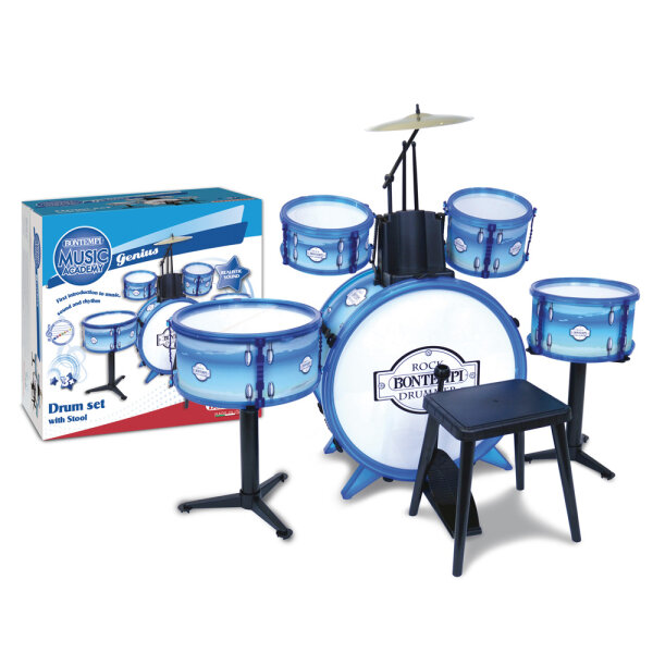Blaues Schlagzeug Set mit Pedal, 5 Trommeln, Becken und Hocker