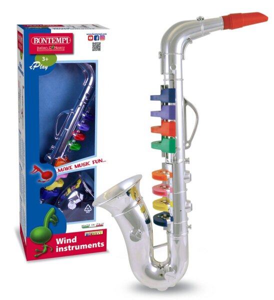 Saxophon mit 8 farbigen Tasten und klassische 6-saitige Holzgitarre