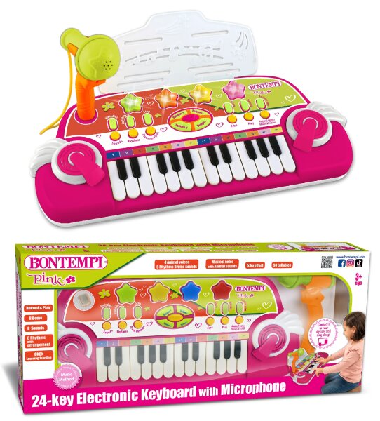 Pink Elektronik-Keyboard 24 Tasten mit Mikrofon und Lichteffekten