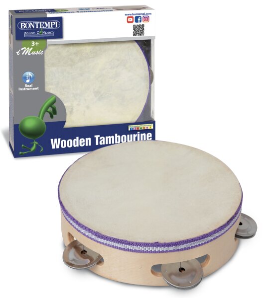 Tamburin aus Holz mit Naturfell und Schellen für authentischen Klang