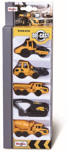 Volvo Baufahrzeuge 5er-Set mit Walze, Schaufellader, Kipper, Bagger und Mixer