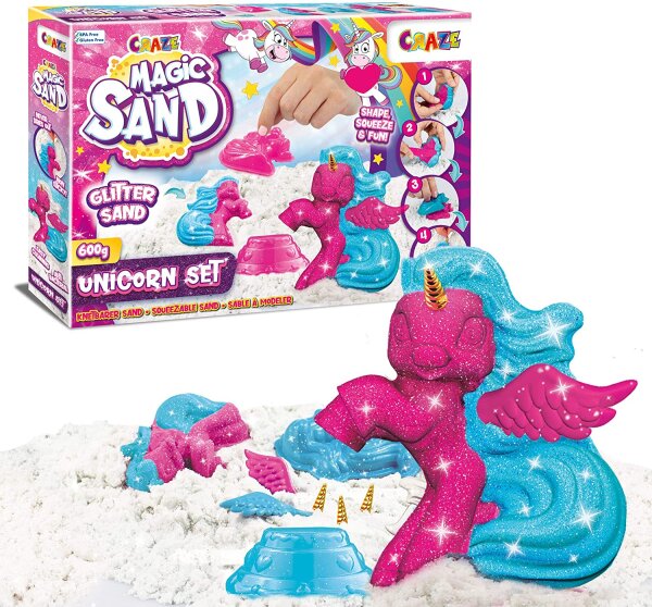 Magic Sand Einhorn Bastelset 600g mit Förmchen und Glitzersand für kreatives Spielen