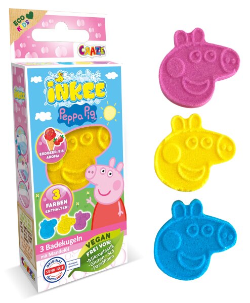 Inkee Peppa Pig Badebomben 3er-Set mit Erdbeerduft und Mandelöl