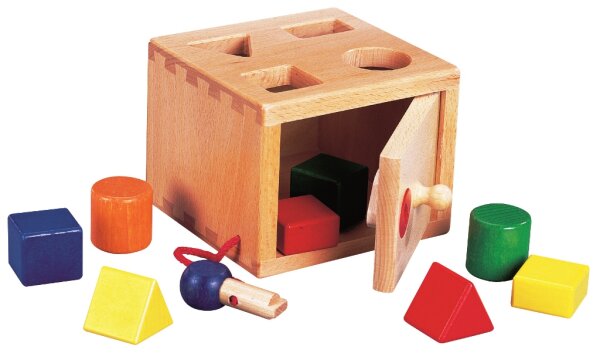 Sortierbox mit Schlüssel für Feinmotorik und Formerkennung - 8 bunte Formen