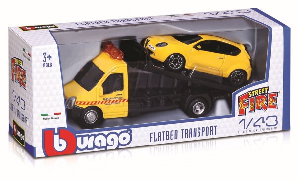 Flachbett-Autotransporter 1/43 mit Auto von Bburago - 12 Stück im Set
