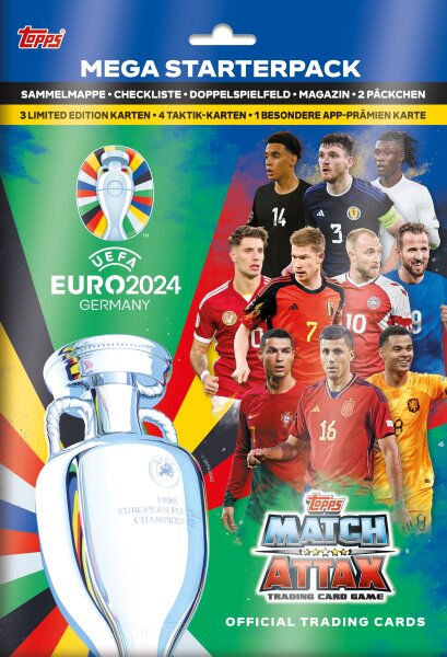 Euro 2024 Sammelkarten Starterpack von Topps mit 20 Karten und Zubehör