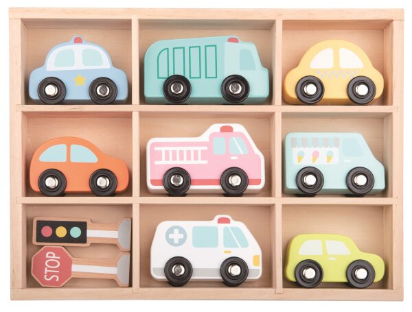 Fahrzeug-Set in Holzbox mit 8 Fahrzeugen und 2 Verkehrssignalen