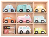 Fahrzeug-Set in Holzbox mit 8 Fahrzeugen und 2...