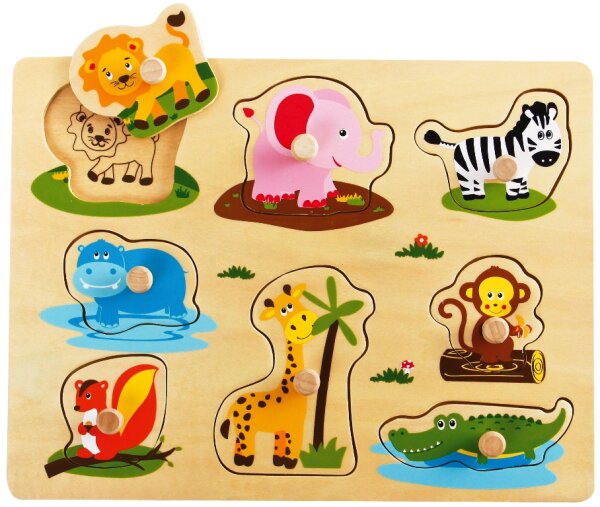 Wildtier Puzzle mit Griff für Kinder - 8 verschiedene Tiere zum Lernen