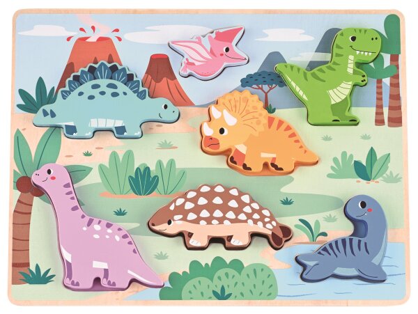 3D Holzpuzzle Dino mit 7 süßen Dinosauriern von Spielba für Motorik und Spaß