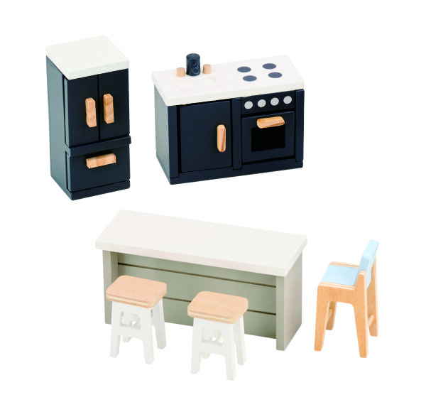 Hochwertige 6-teilige Puppenhaus-Küche aus Holz von Spielba für kreative Spielstunden