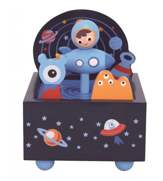 Musikdose Space aus Holz mit herzigen Figuren und beruhigender Melodie