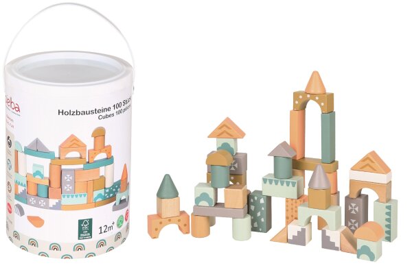 100 Holzbausteine in stabiler Kartontrommel für kreative Spielstunden