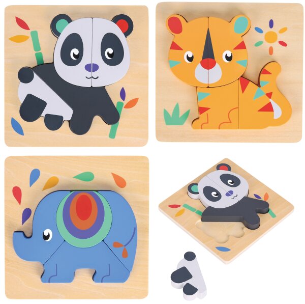 Nachhaltiges Tier-Puzzle Set aus Holz mit Panda, Elefant und Löwe