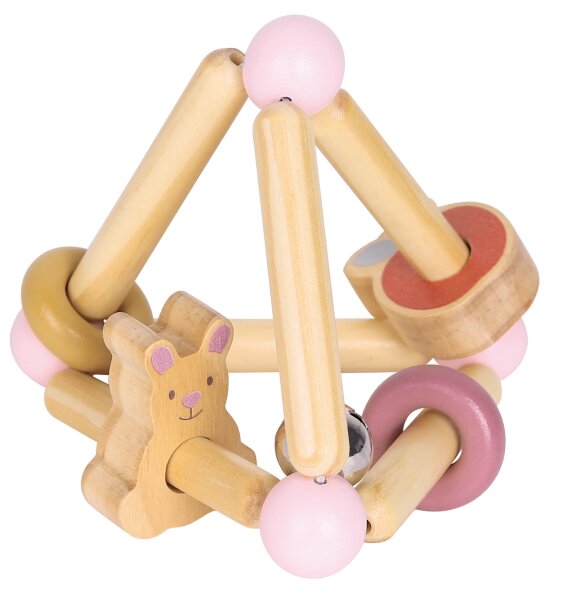 Rosa Rassel Hase aus 100% FSC Holz - Bunter Greifling mit Glöckchen