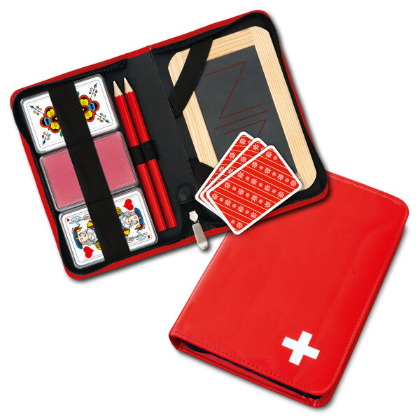 Jassetui Rot mit Schweizerkreuz und Karten in Deutsch und Französisch